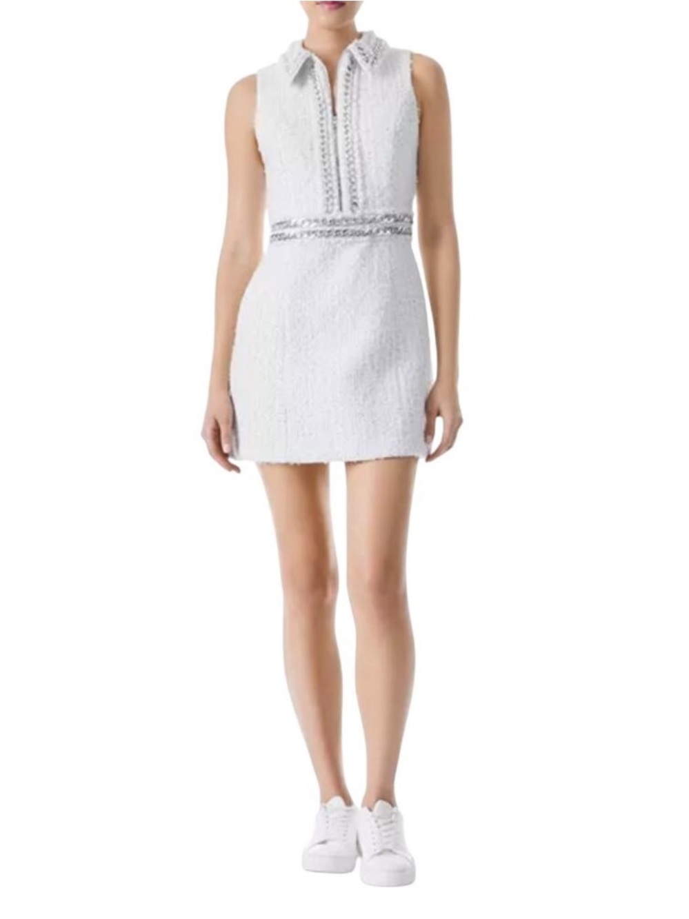 Alice + Olivia white tweed Ellis mini dress with silver chain trim size‎ 0